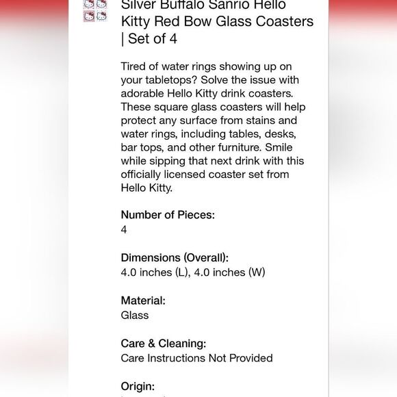 Silver Buffalo X Sanrio Hello Kitty "Hello" Glass Coaster Set Of 4 - Picture 3 of 4